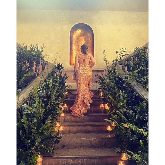 MAC DUGGAL Yellow Floral Chiffon Lace Up Tie Up Back Gown Dress - Picture 5 of 16